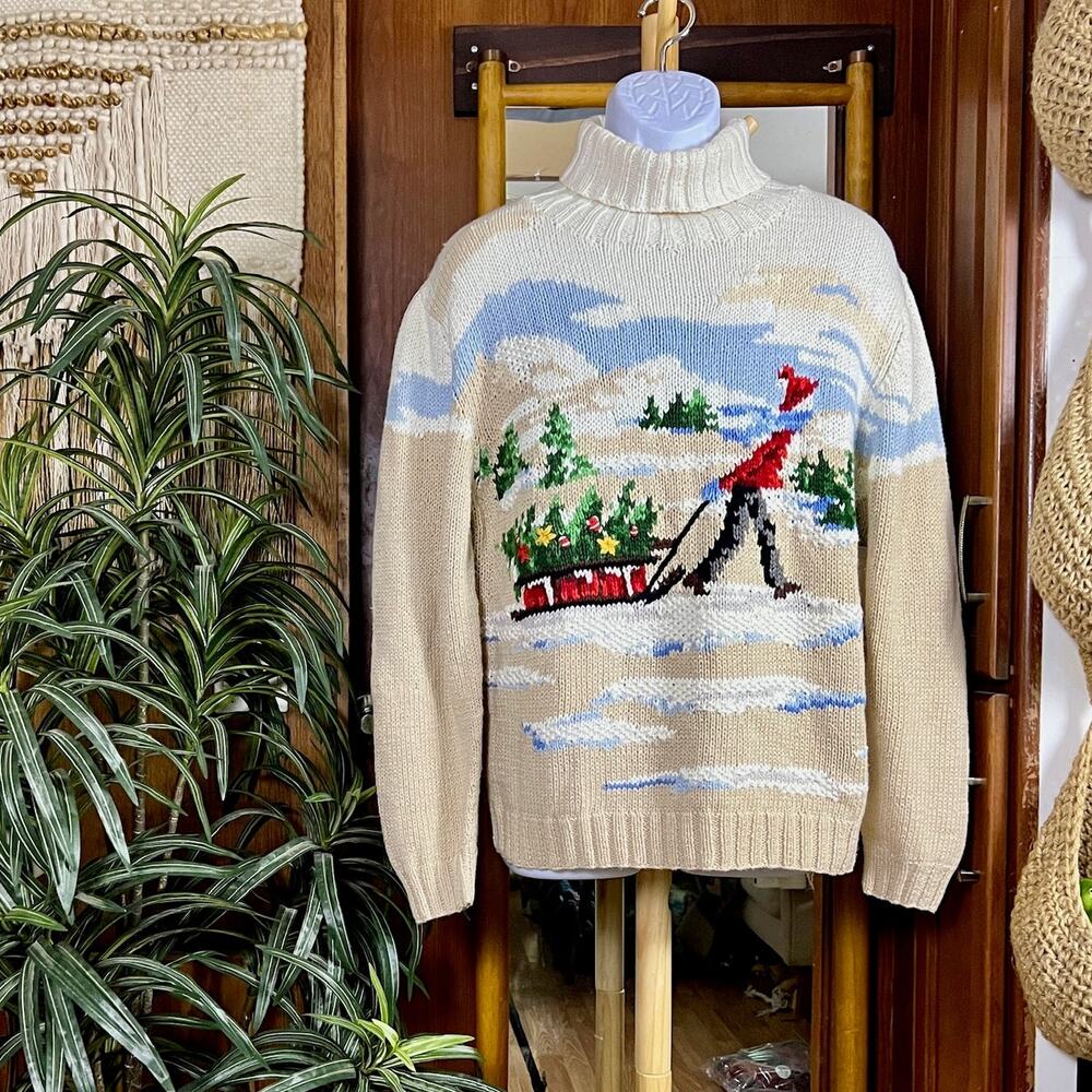 Vintage 90s Holiday Lodge NorthCrest Christmas Sweater Tree Sled Turtleneck NOS